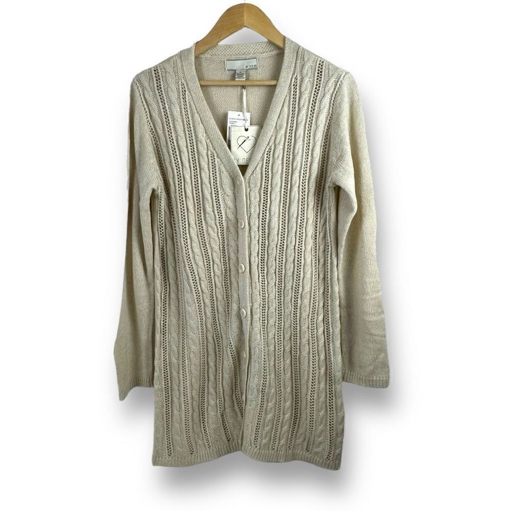 By Design Women's Size M Cable Knit Long Button Up Cardigan Beige Cream New